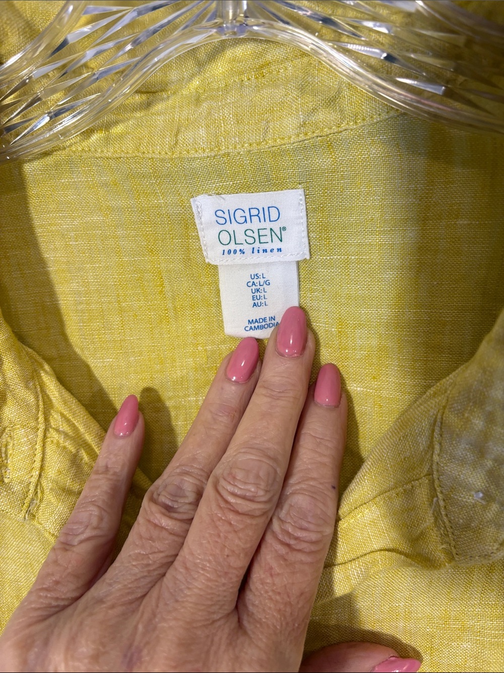 Sigrid Olsen Chartreuse Yellow Green 100% Linen Button-Down Shirt Sophisticated - Picture 2 of 5